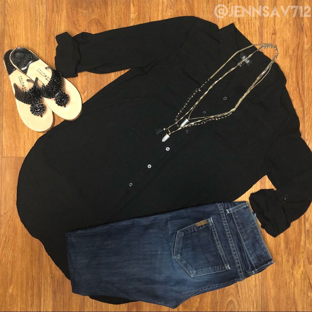 a.n.a Sheer Black Button Down Tunic